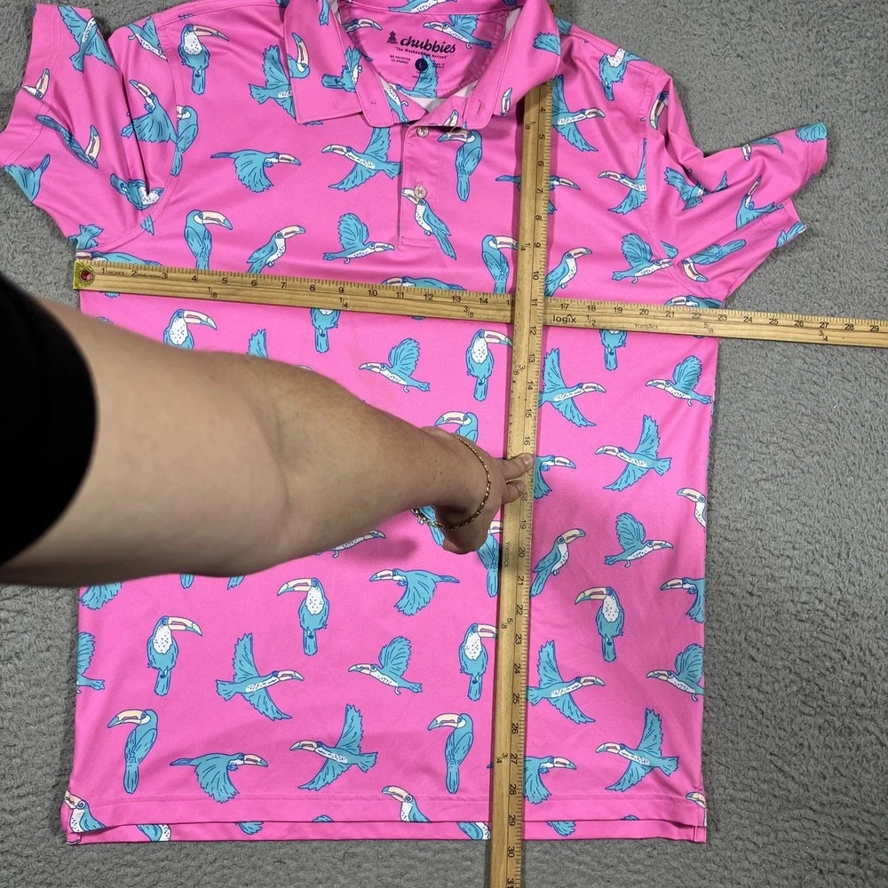 Chubbies Shirt Lightweight Mens Sz L The Toucan Do It Golf Polo Performance Pink - Picture 5 of 7